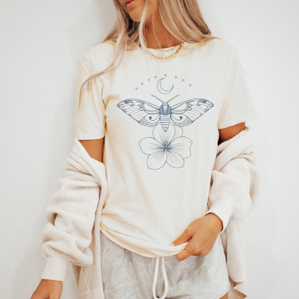 Mystical Moth Flower Graphic Tee Botanical Line Art Design
